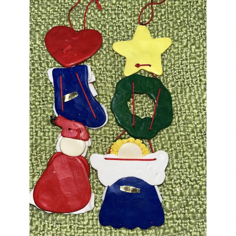 Salt dough like‎ tree ornaments Santa , Stocking, Angel, Wreath ,7 